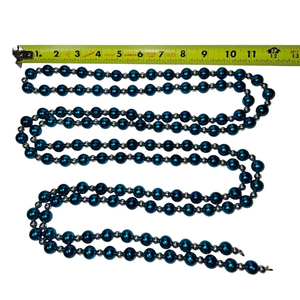 Vitange Bead Garland Holiday Decor Blue Silver 9ft x 5 Strands Metallic Festive